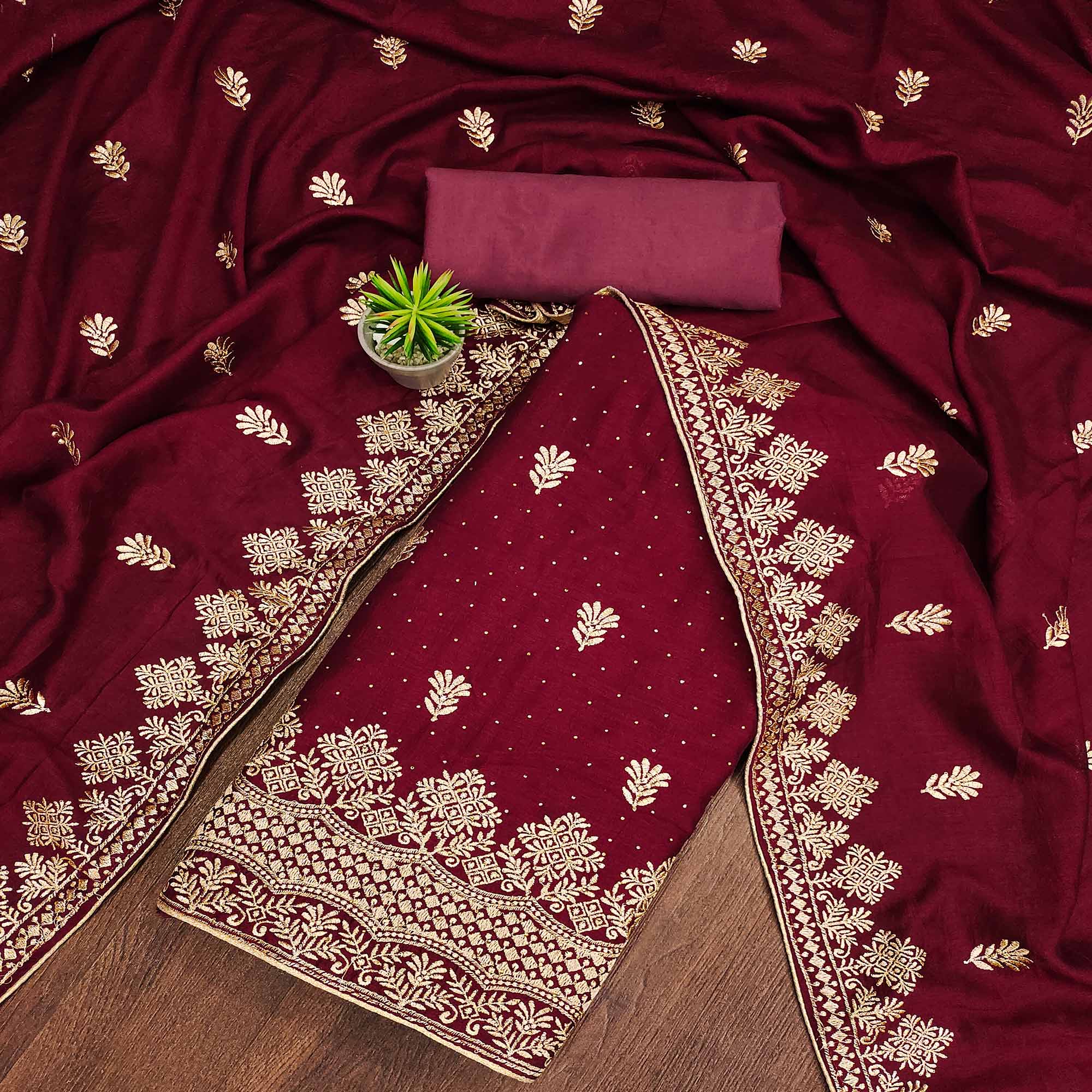 Maroon Floral Embroidered Chinon Dress Material