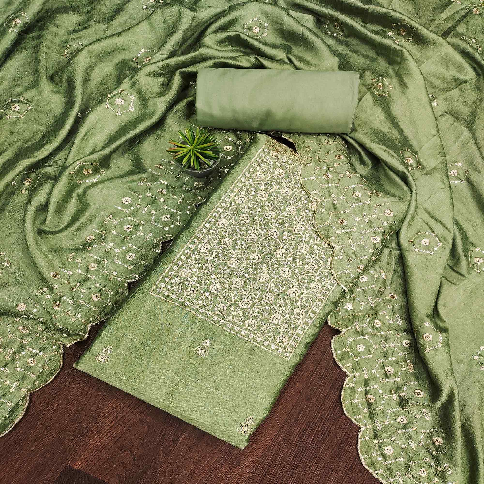 Green Sequins Embroidered Chinon Dress Material