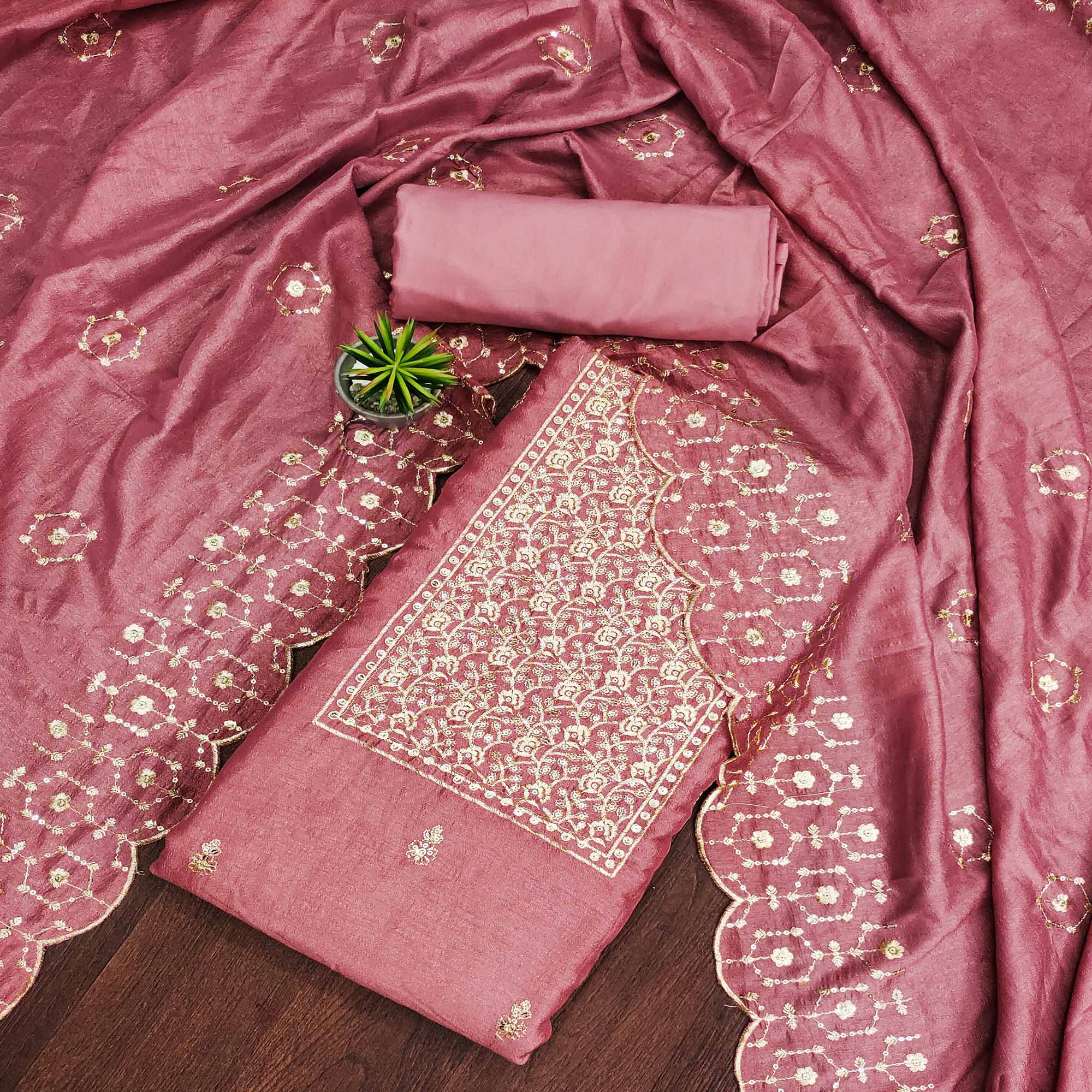 Pink Sequins Embroidered Chinon Dress Material