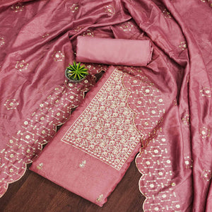 Pink Sequins Embroidered Chinon Dress Material