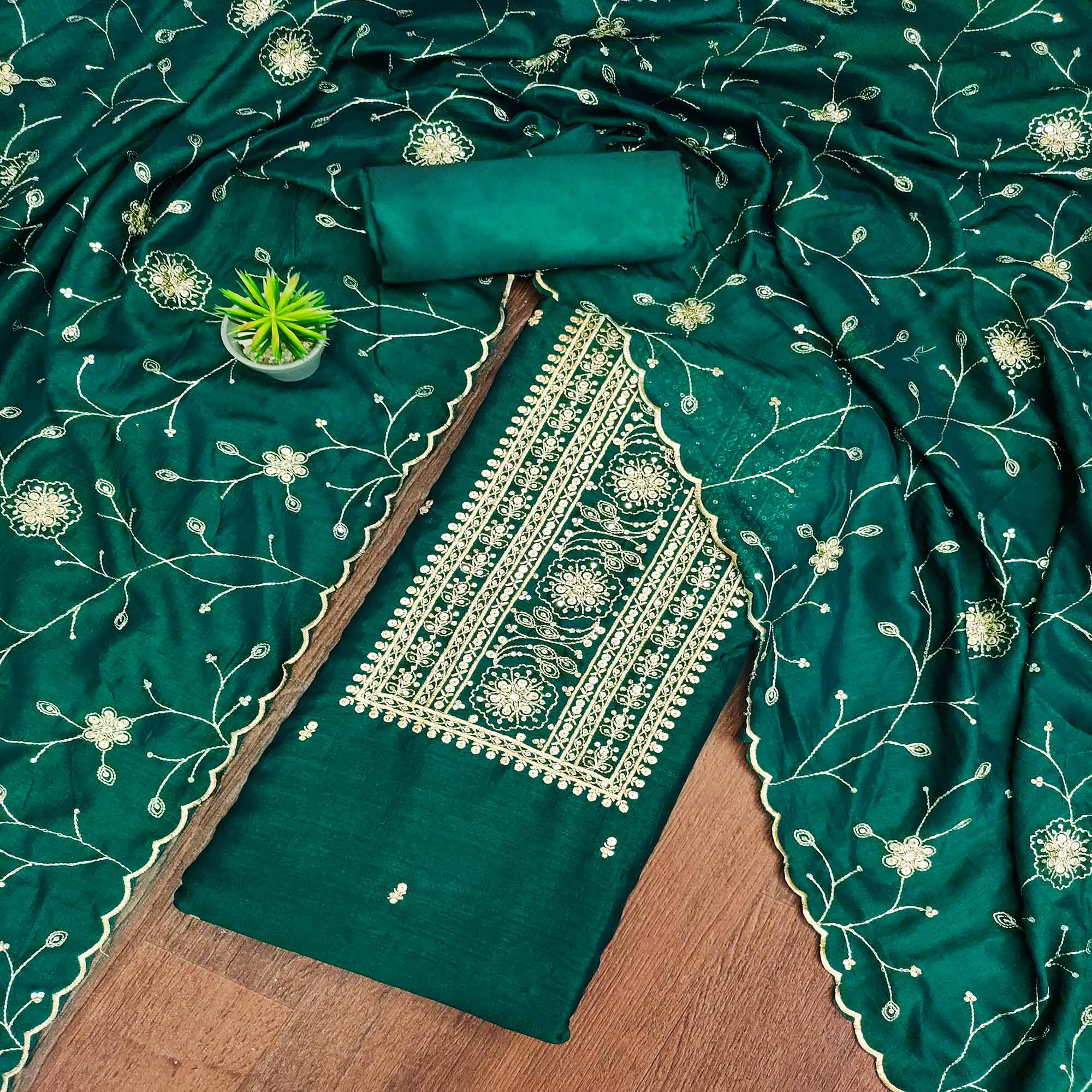 Green Sequins Embroidered Chinon Dress Material