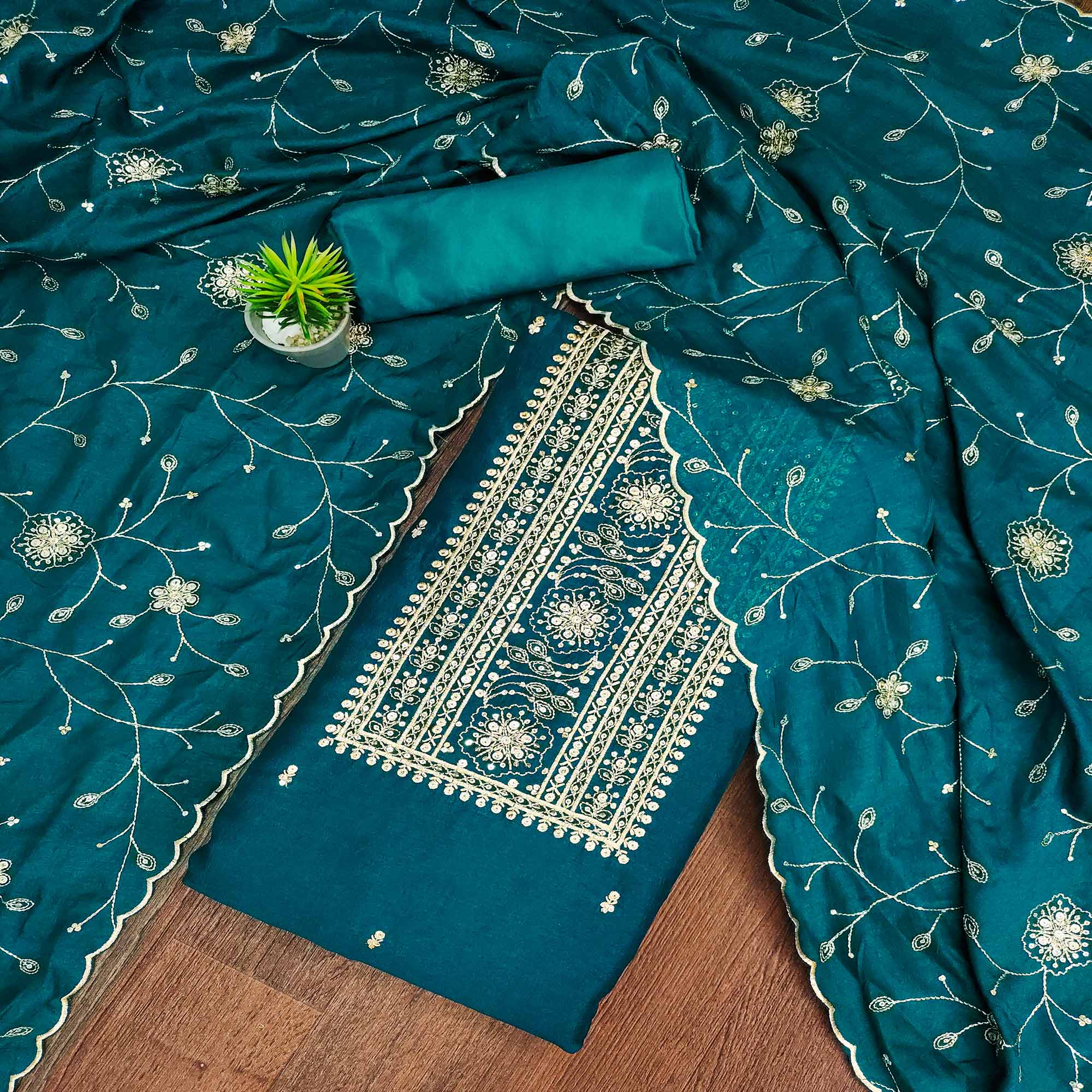 Morpich Sequins Embroidered Chinon Dress Material