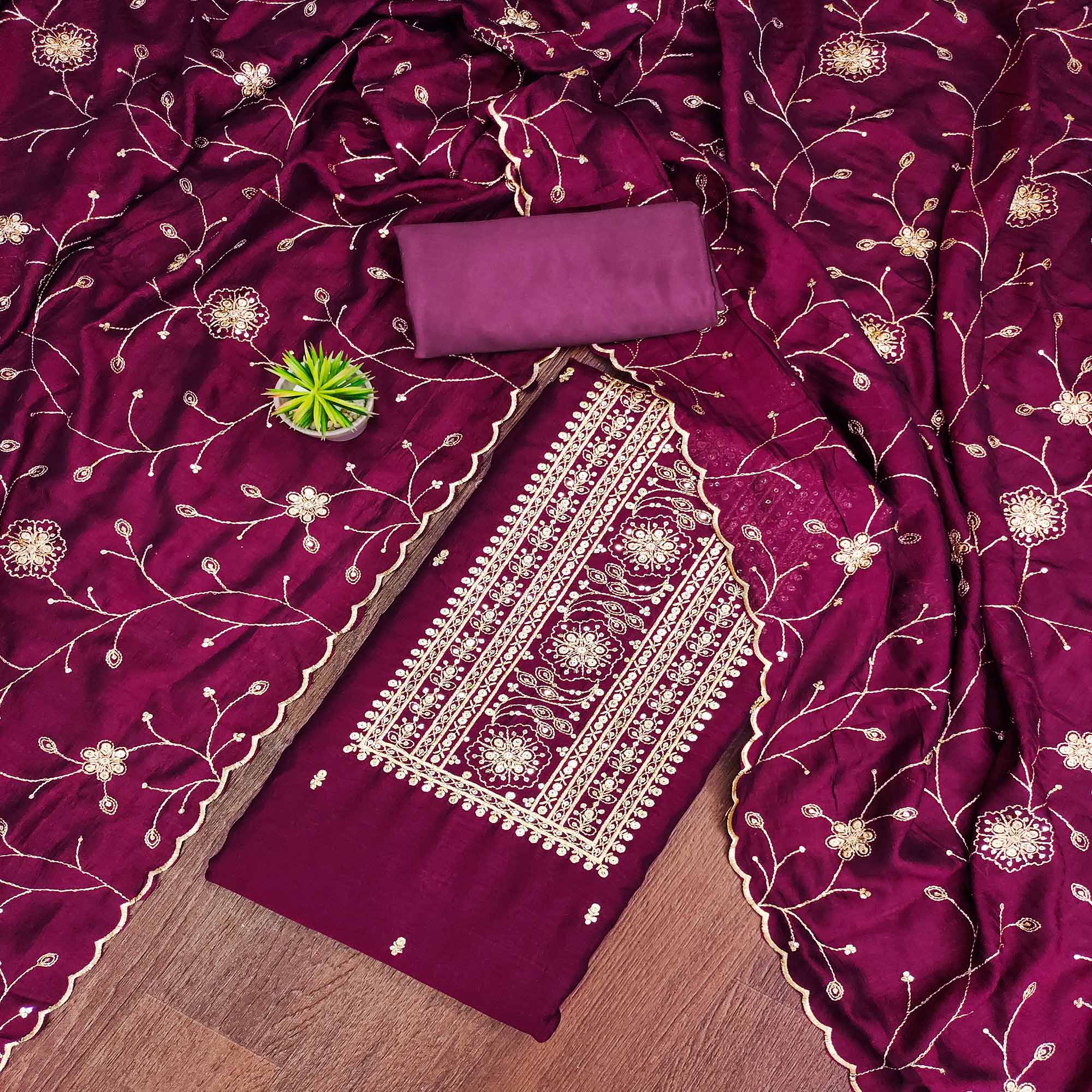 Wine Sequins Embroidered Chinon Dress Material