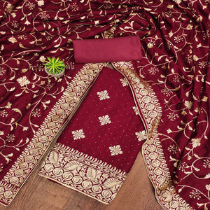Maroon Floral Embroidered Chinon Dress Material