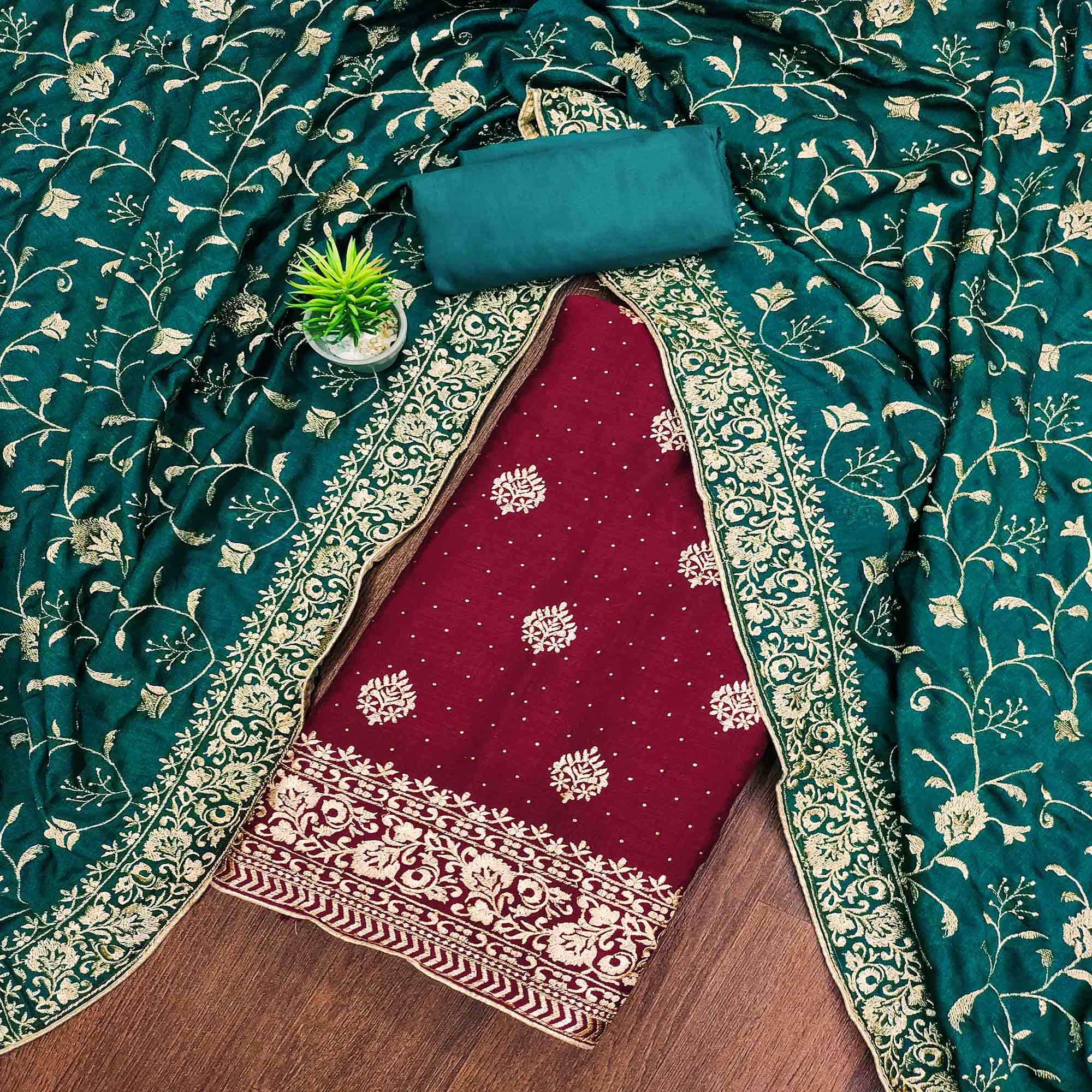 Maroon Floral Embroidered Chinon Dress Material