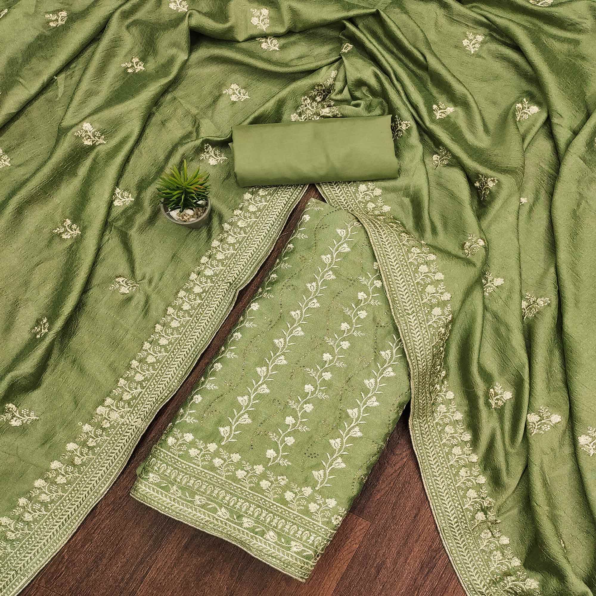 Green Floral Embroidered Chinon Dress Material