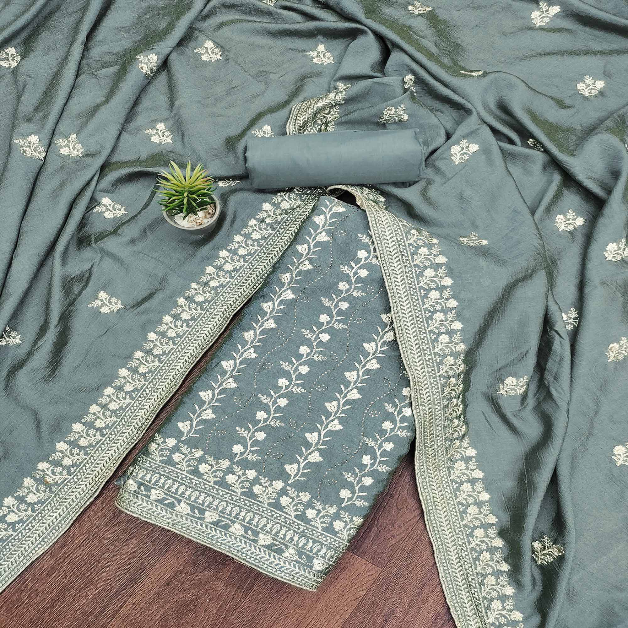 Grey Floral Embroidered Chinon Dress Material