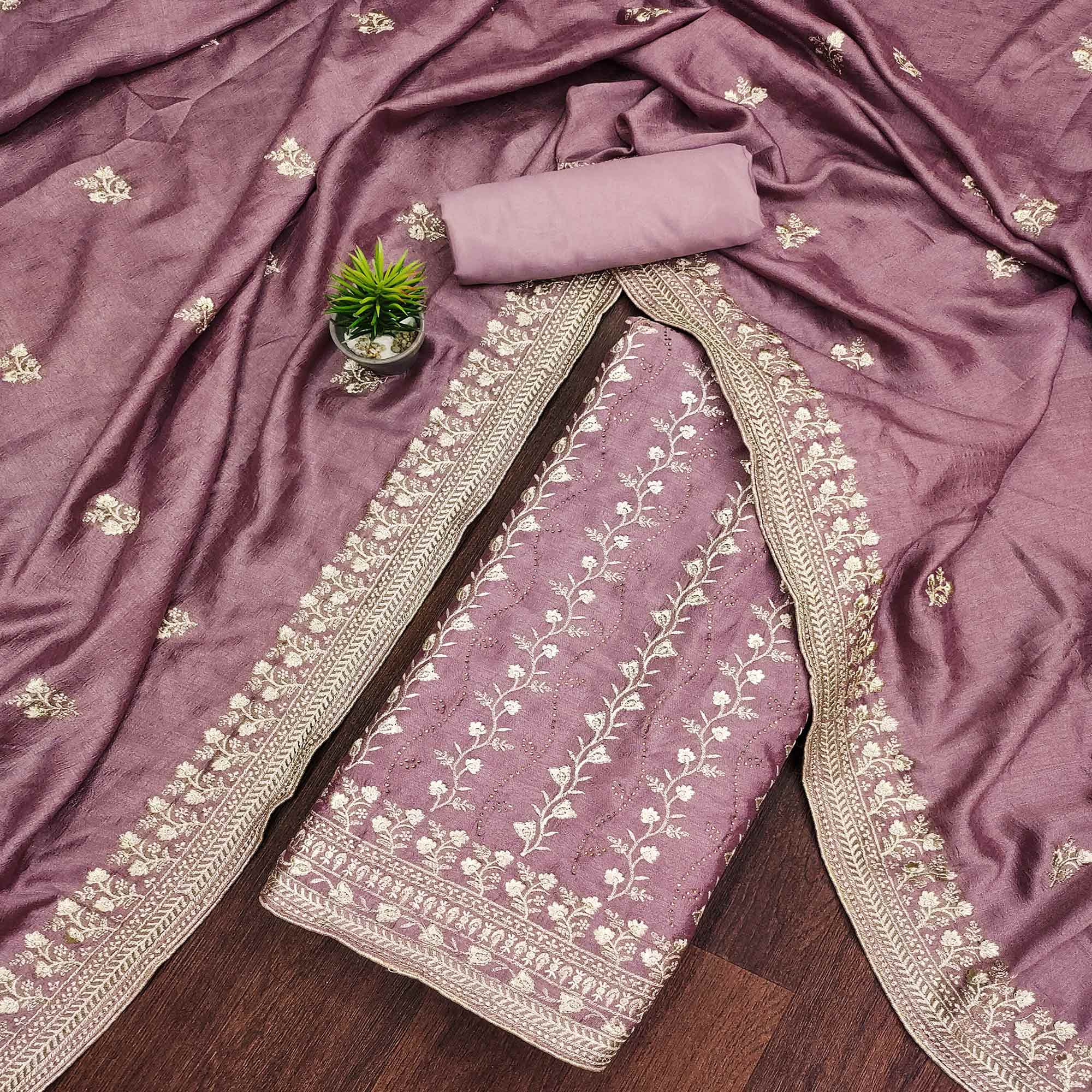 Mauve Floral Embroidered Chinon Dress Material