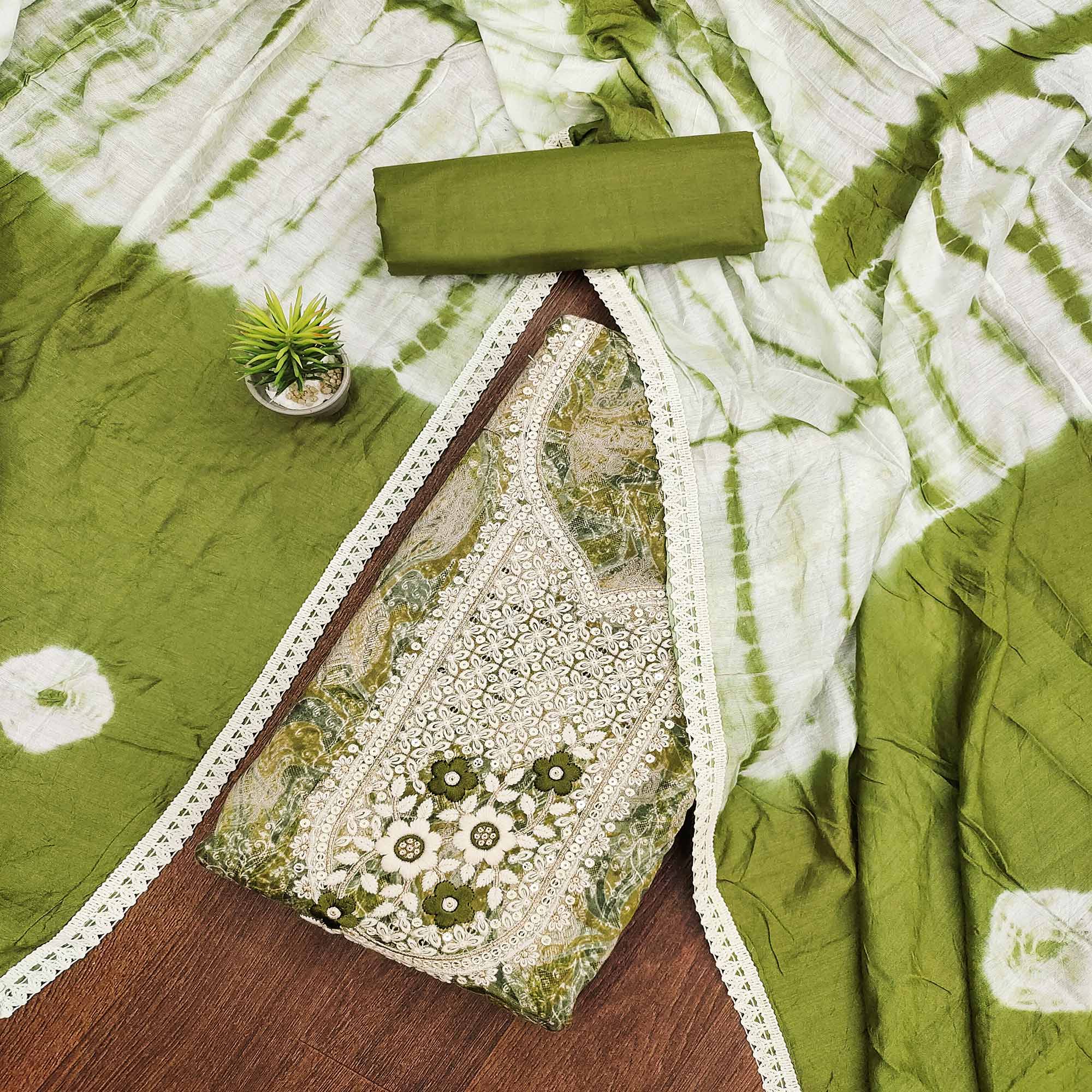 Green Floral Embroidered Pure Cotton Dress Material