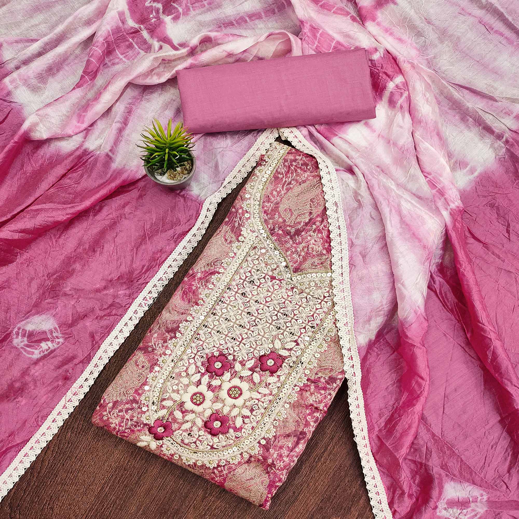 Pink Floral Embroidered Pure Cotton Dress Material