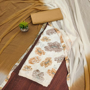 Off White & Beige Printed With Embroidered Pure Cotton Dress Material