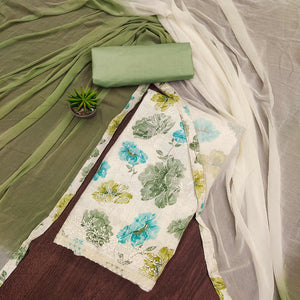 Off White & Green Printed With Embroidered Pure Cotton Dress Material
