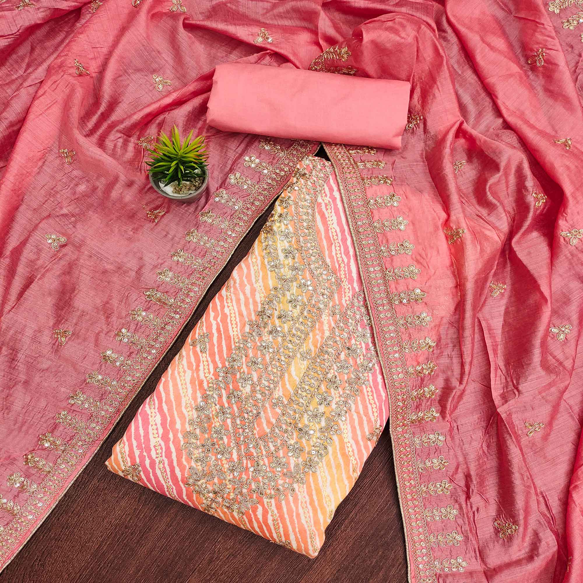 Peach Printed With Sequins Pure Cotton Dress Material