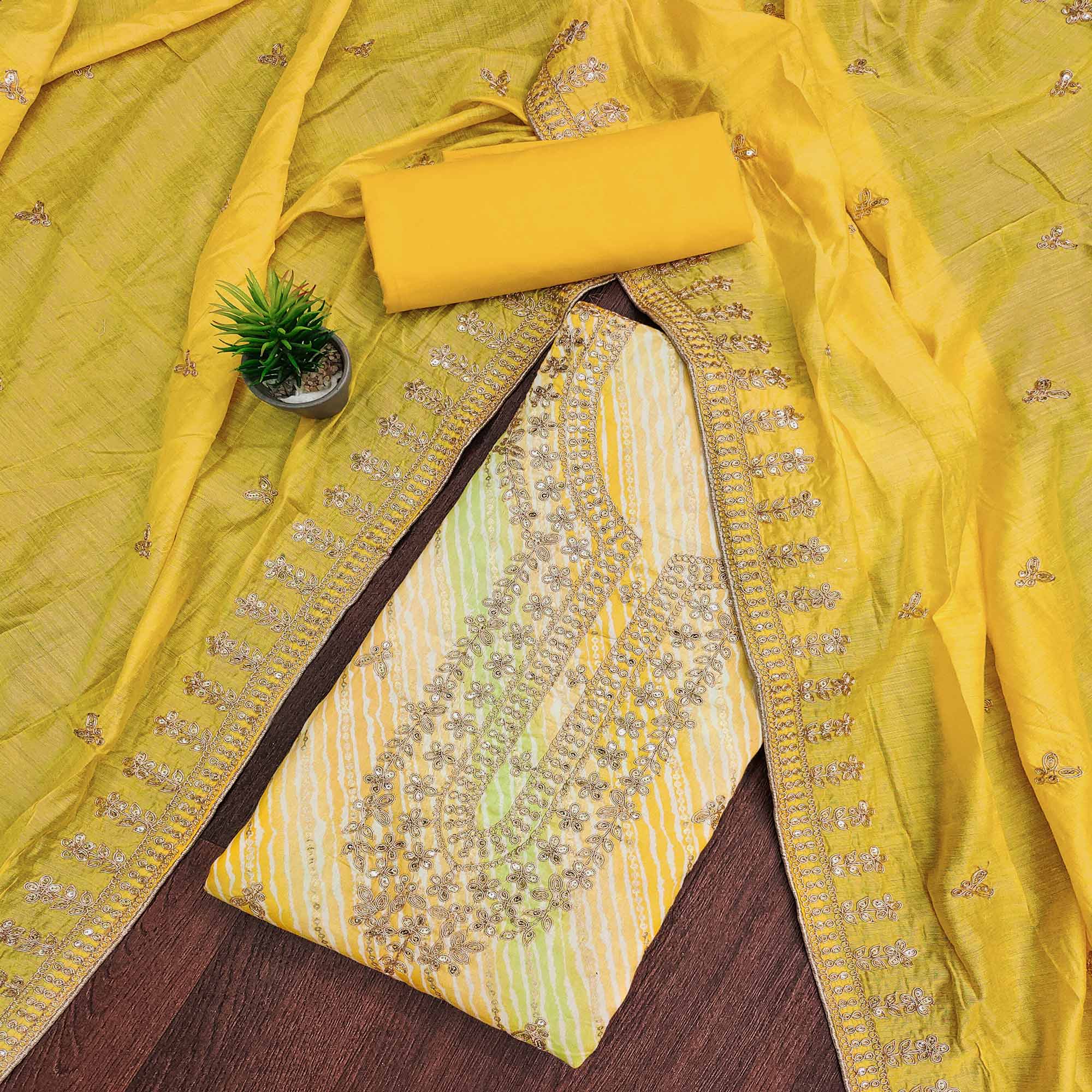 Yellow Printed With Sequins Pure Cotton Dress Material
