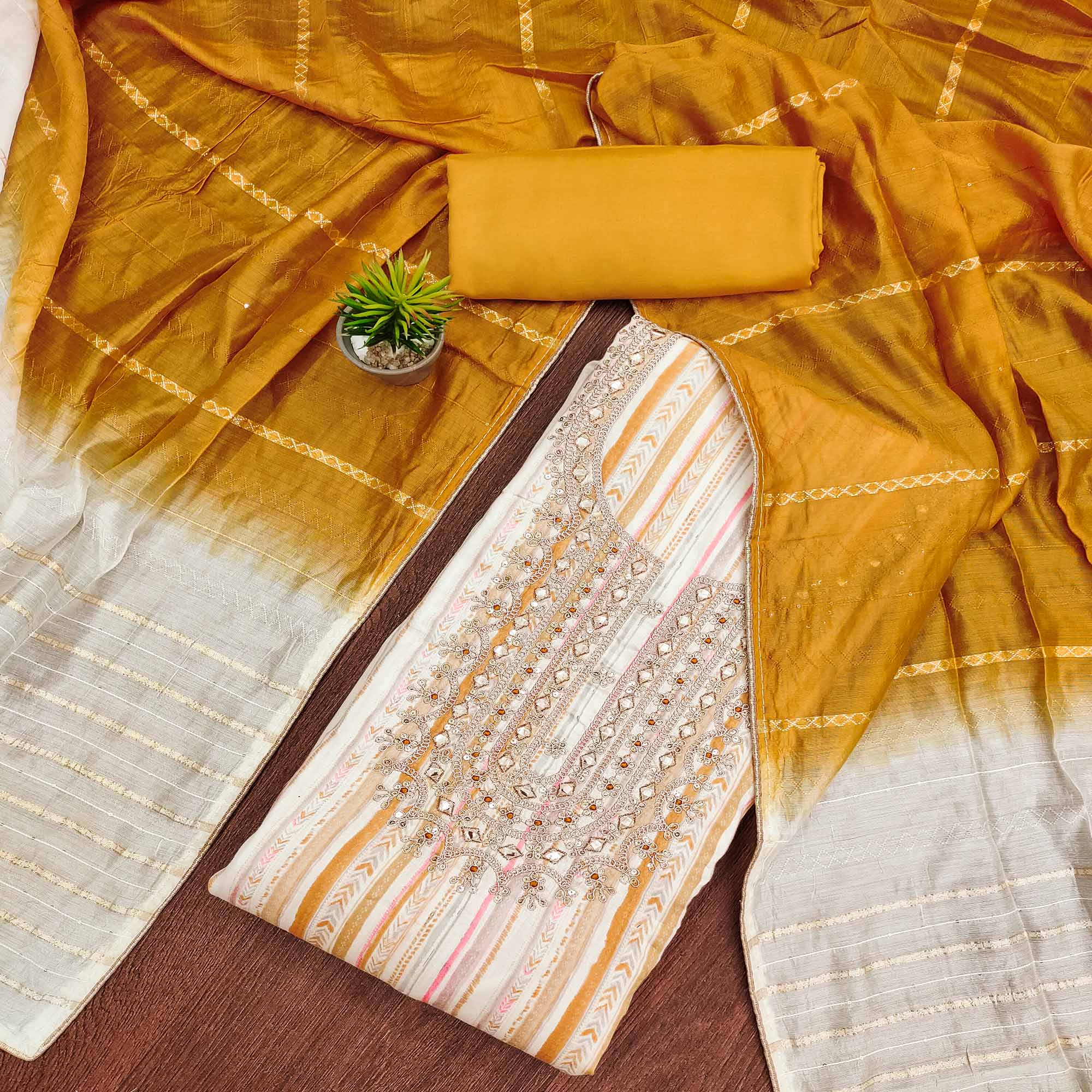 Off White & Mustard Printed Pure Cotton Dress Material