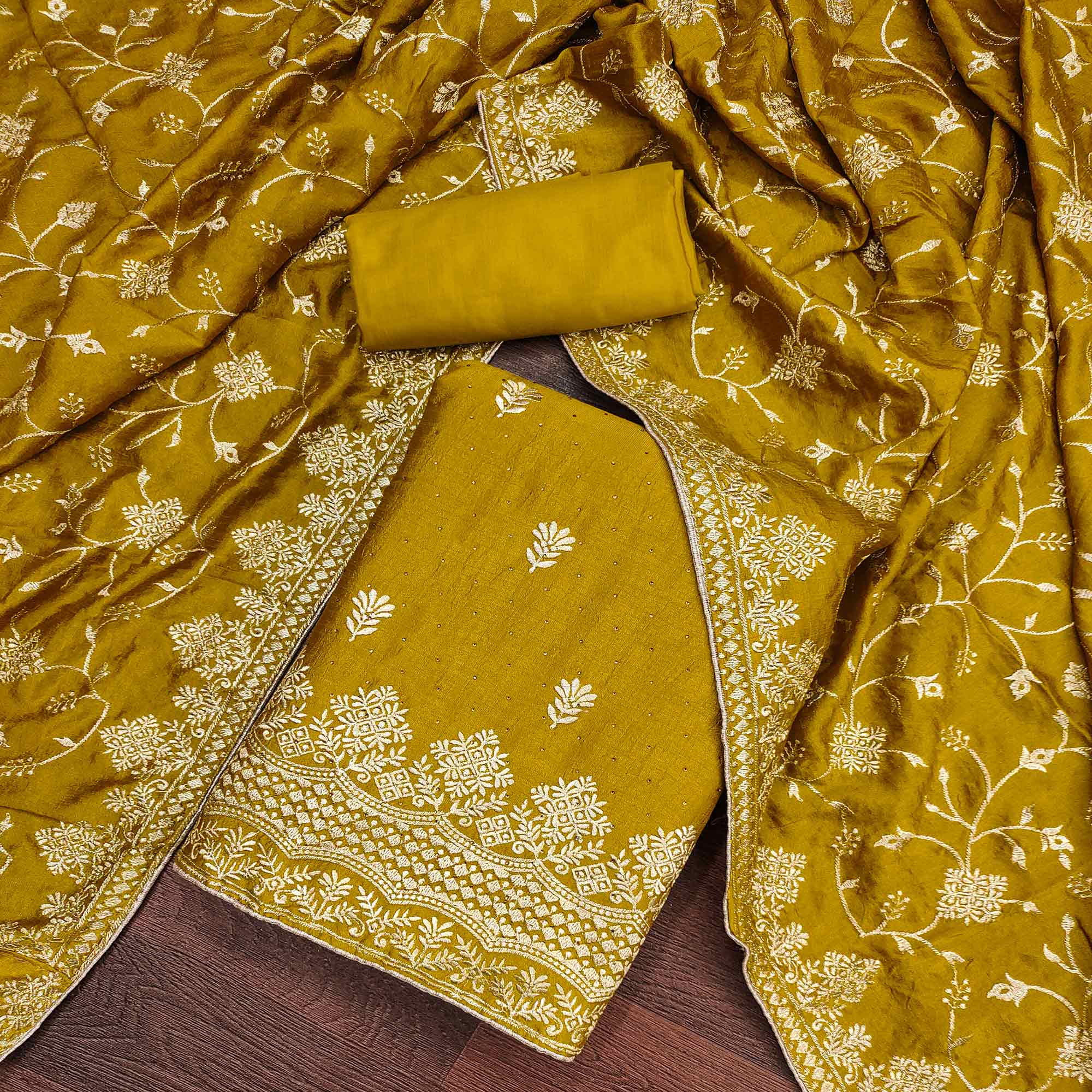 Unstitched Chinon Mustard Yellow Intricate Golden Embroidered Suit