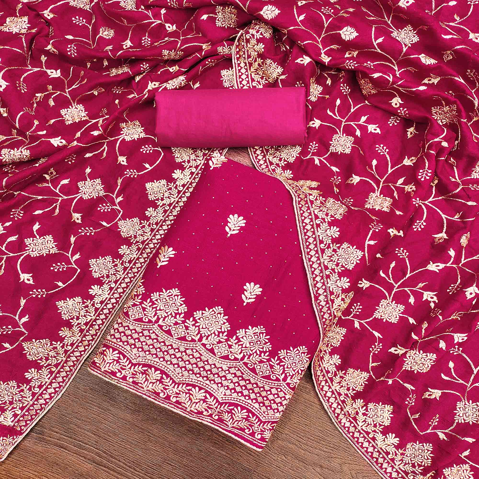 Pink Embroidered Chinon Dress Material