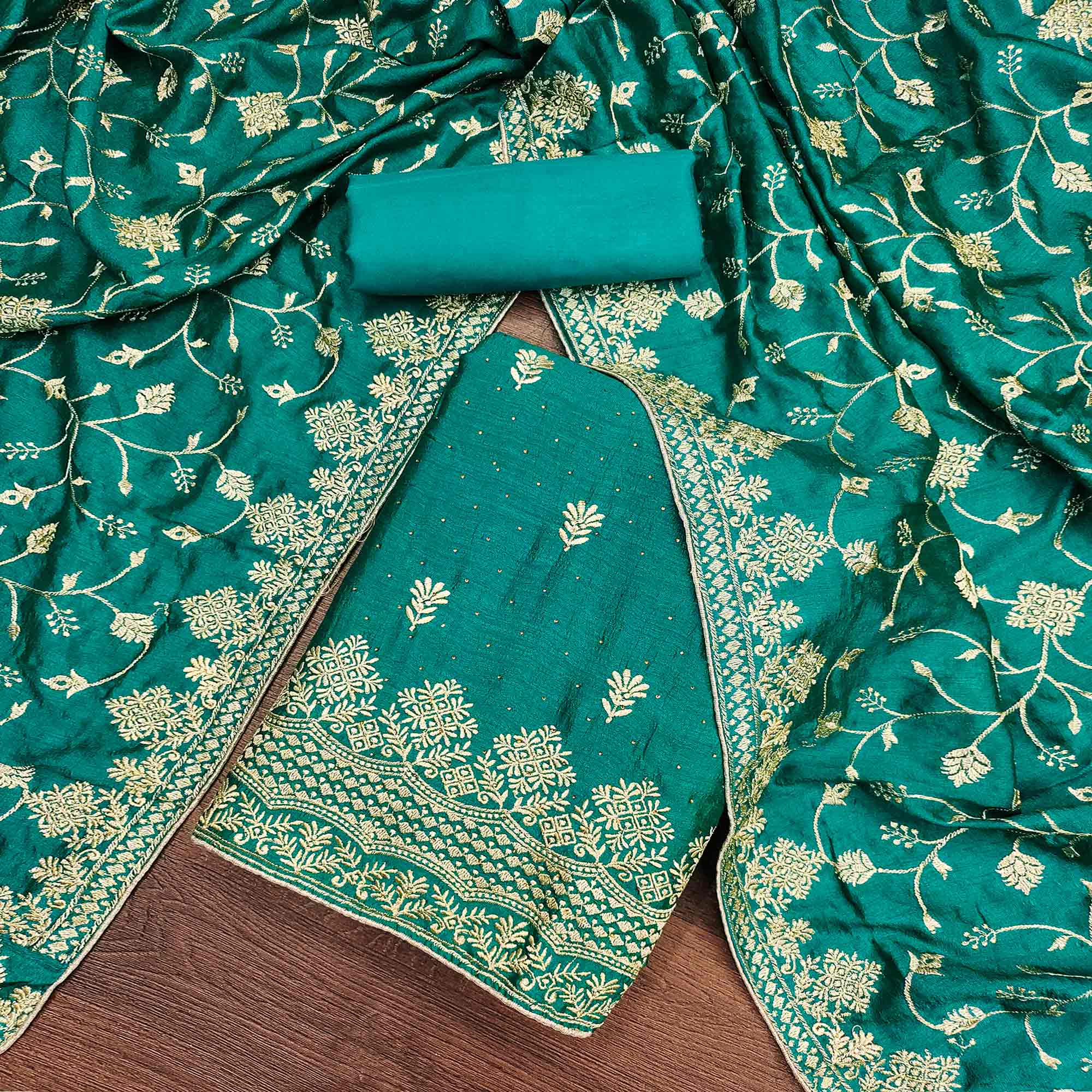 Rama Green Embroidered Chinon Dress Material