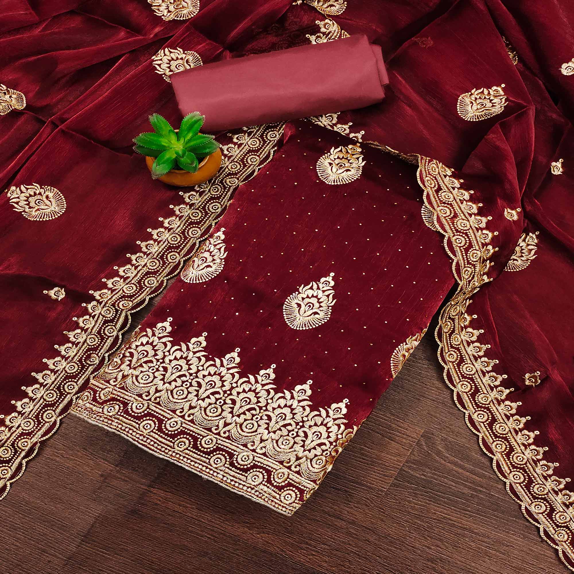 Maroon Embroidery With Stonework Mulberry Dress Material