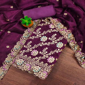 Purple Floral Embroidery With Stonework Mulberry Silk Dress Material
