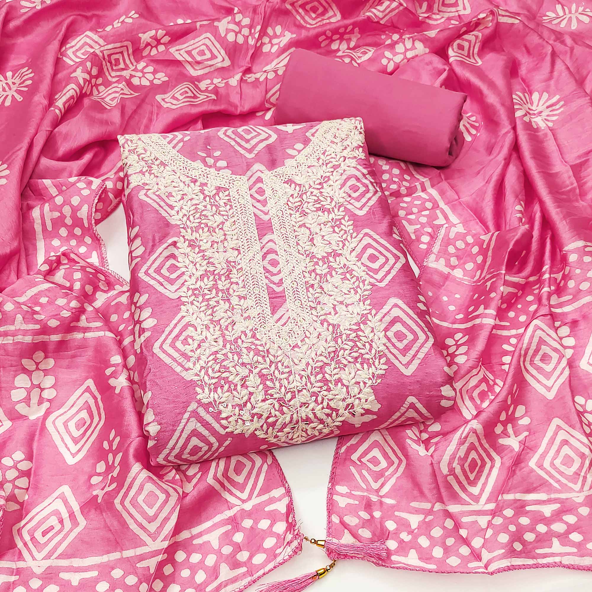 Pink Batik Printed With Embroidered Pure Cotton Dress Material