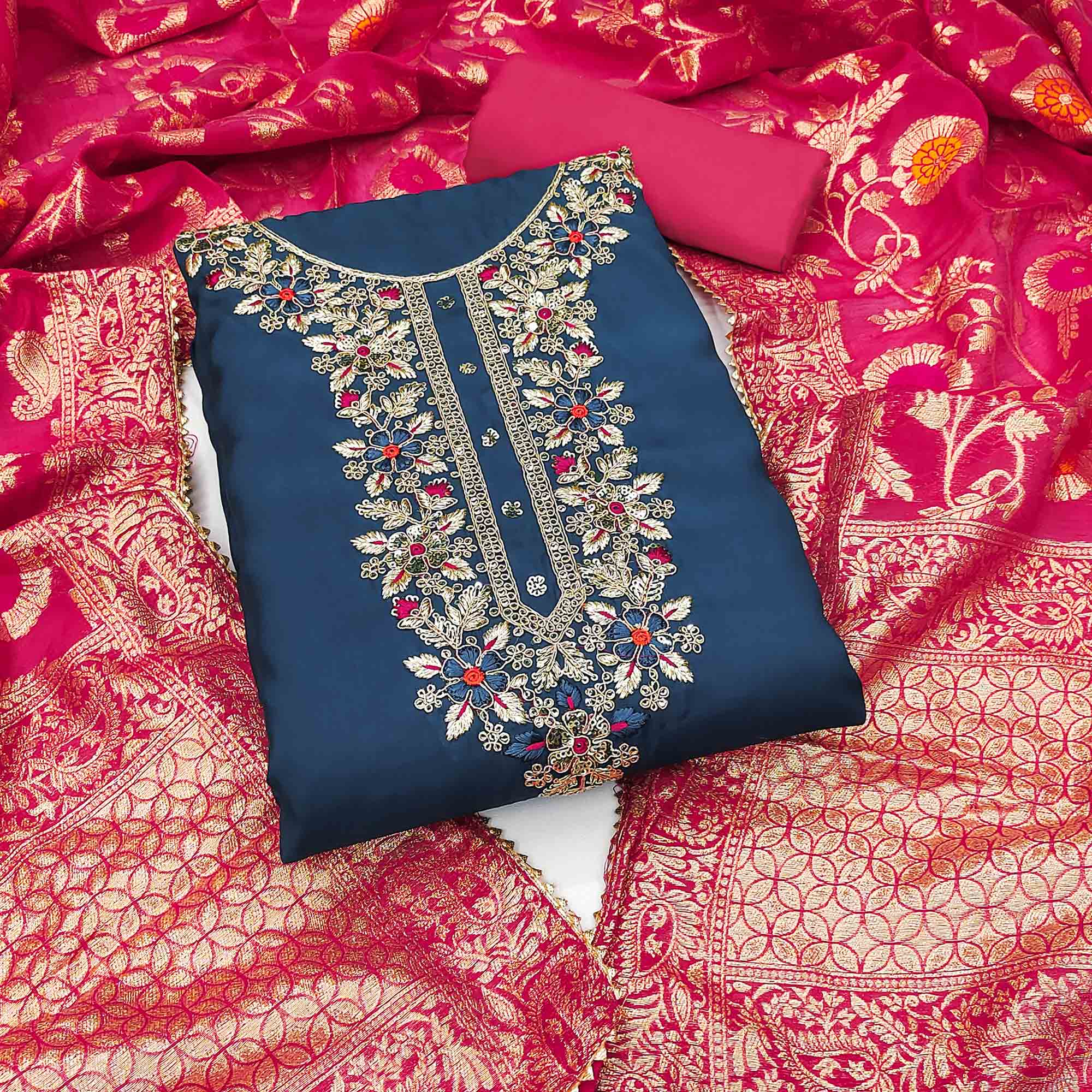 Blue Floral Sequins Embroidered Cotton Roman Silk Dress Material