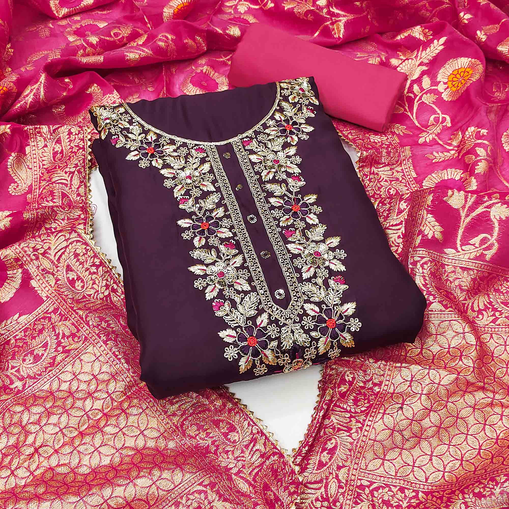 Wine Floral Sequins Embroidered Cotton Roman Silk Dress Material