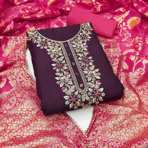 Wine Floral Sequins Embroidered Cotton Roman Silk Dress Material