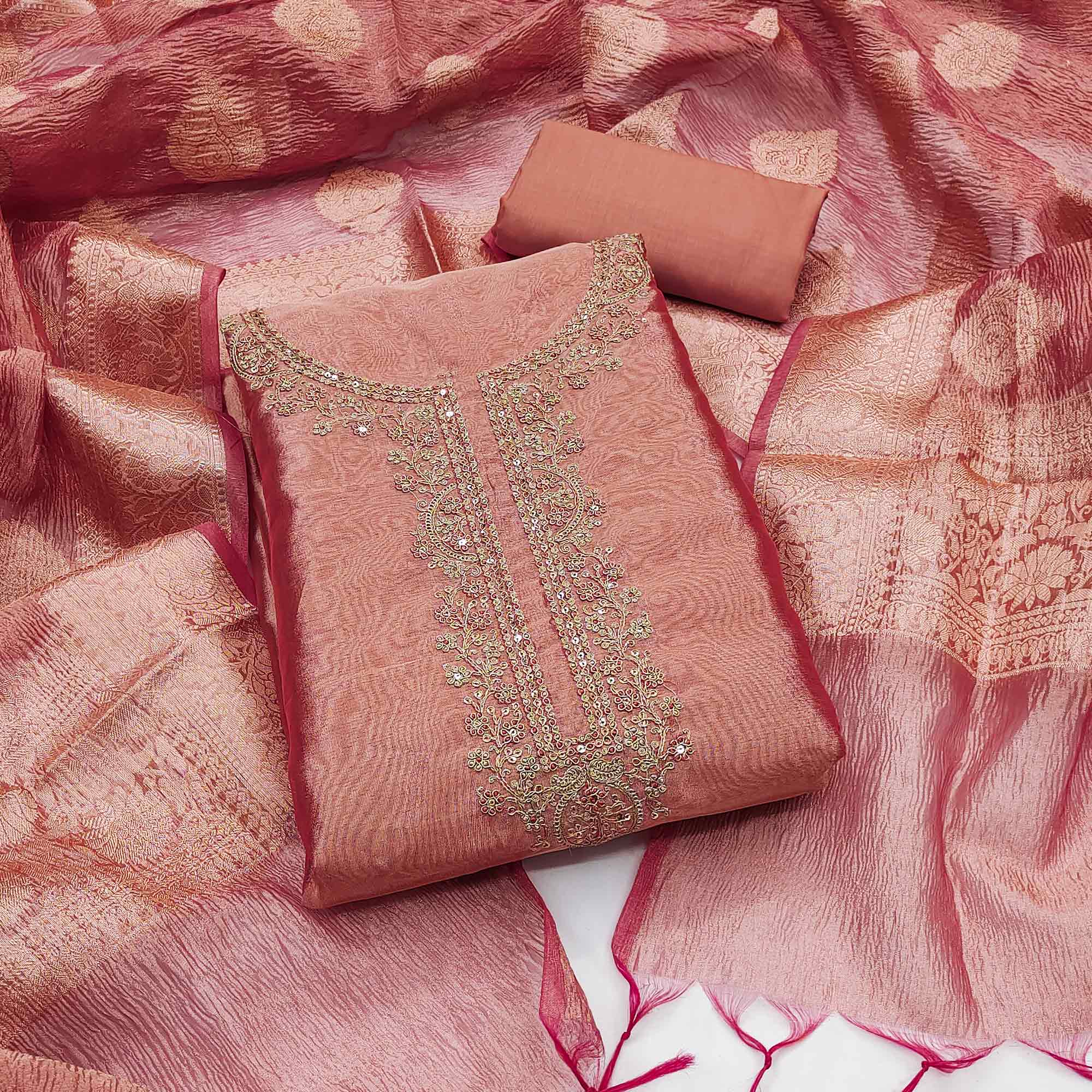 Peach Woven With Embroidered Banarasi Silk Shimmer Crush Dress Material