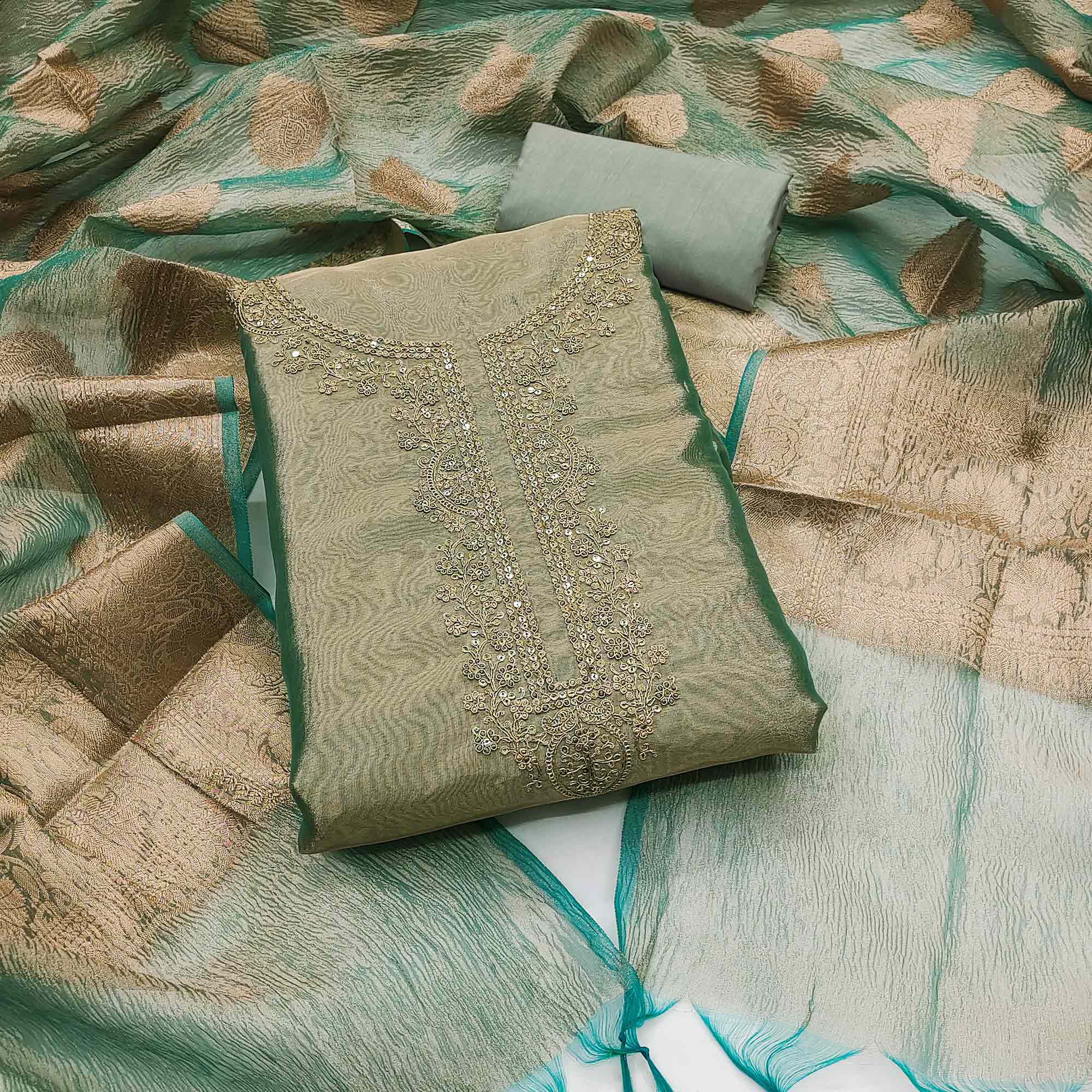 Rama Green Woven With Embroidered Banarasi Silk Shimmer Crush Dress Material