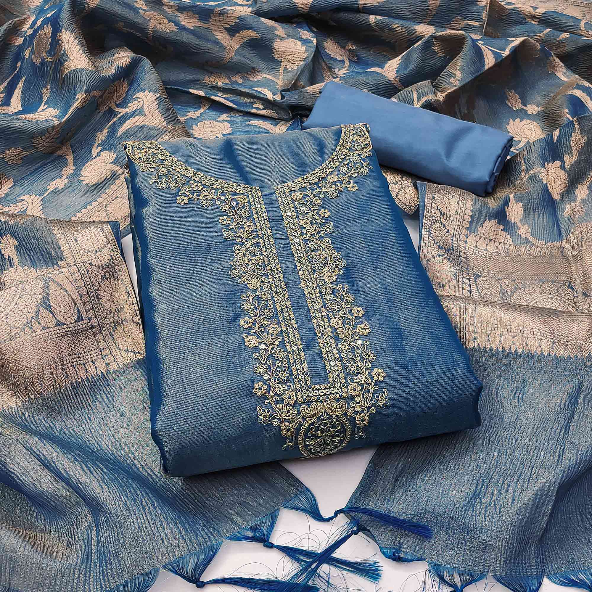 Blue Woven With Embroidered Banarasi Silk Shimmer Crush Dress Material