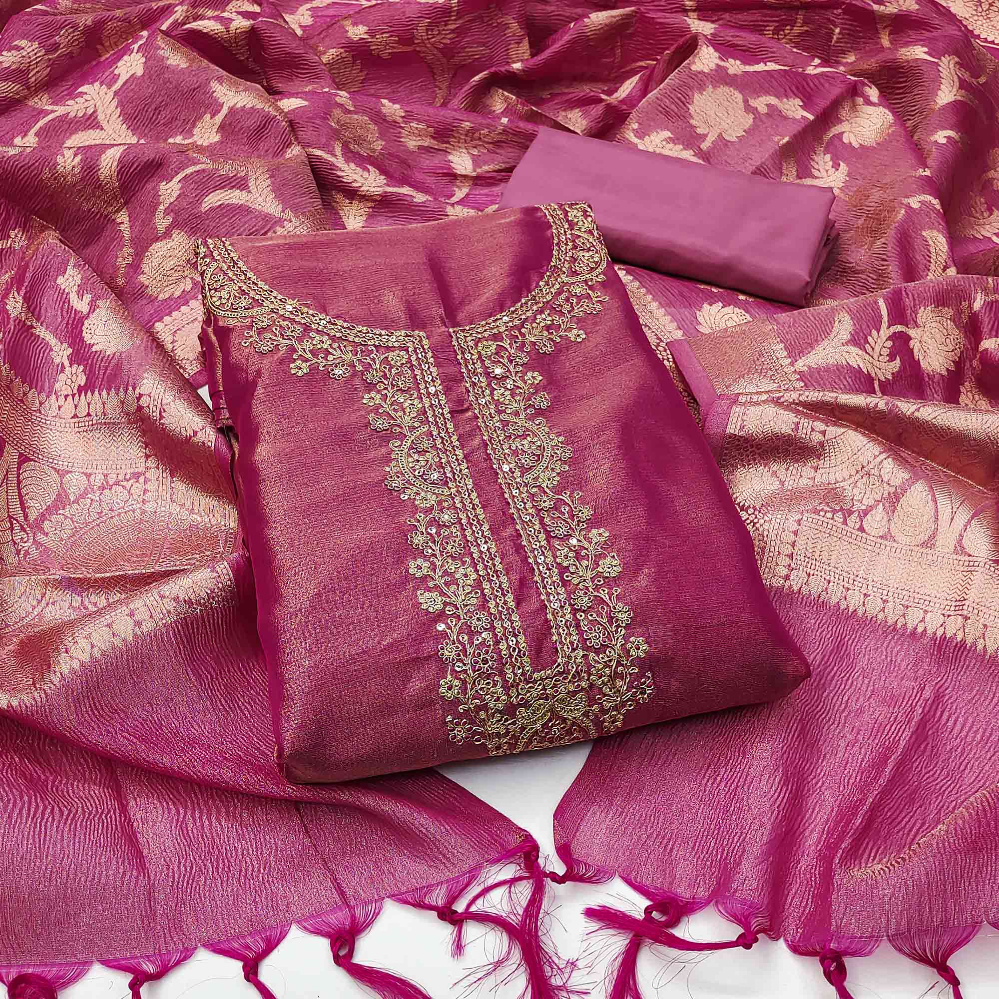 Magenta Woven With Embroidered Banarasi Silk Shimmer Crush Dress Material