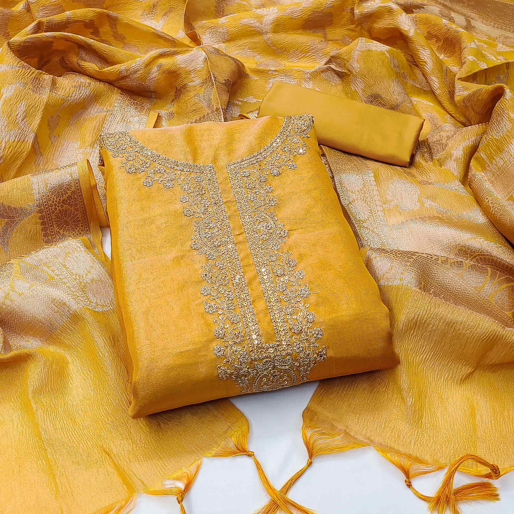 Mustard Woven With Embroidered Banarasi Silk Shimmer Crush Dress Material