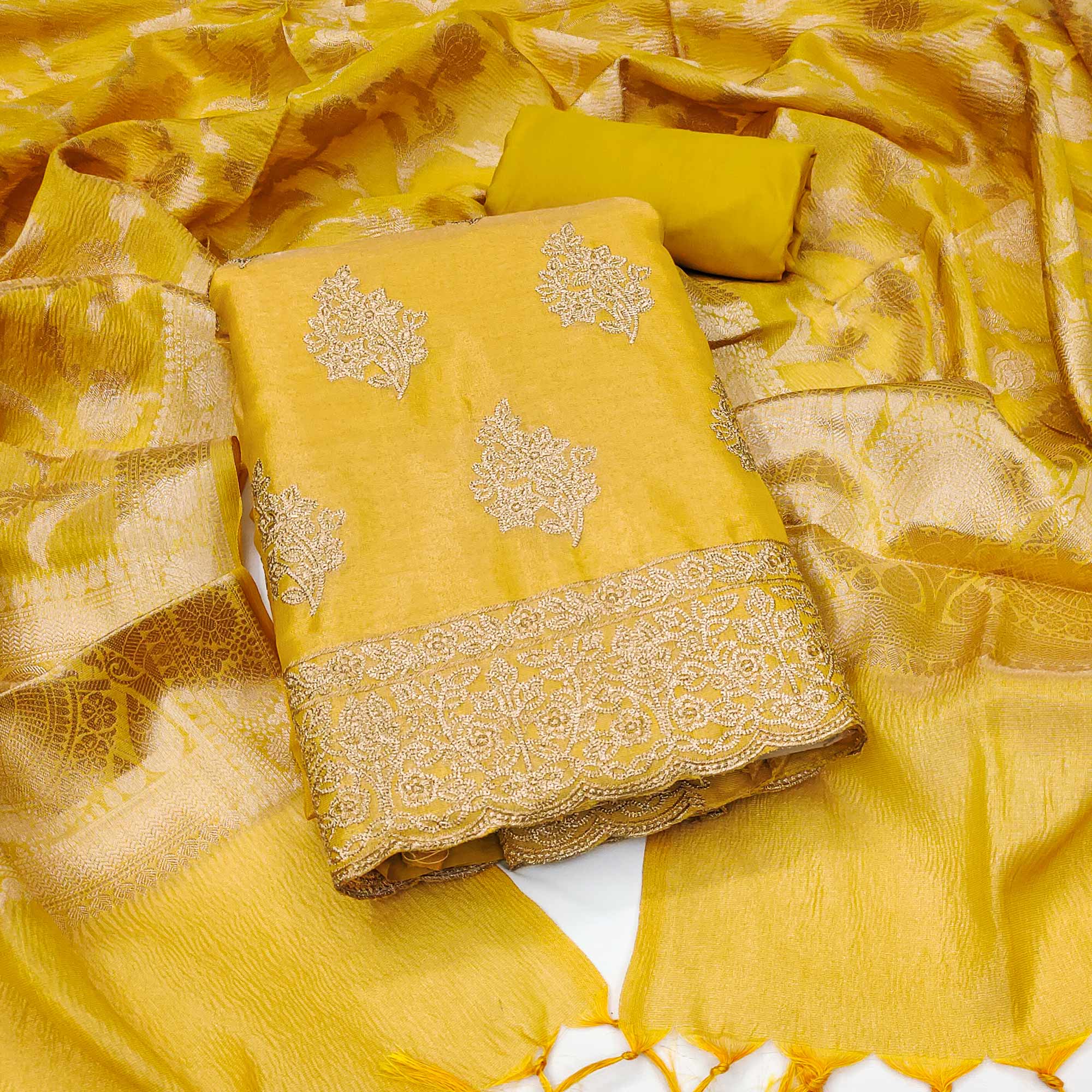 Mustard Floral Embroidered Banarasi Silk Shimmer Crush Dress Material