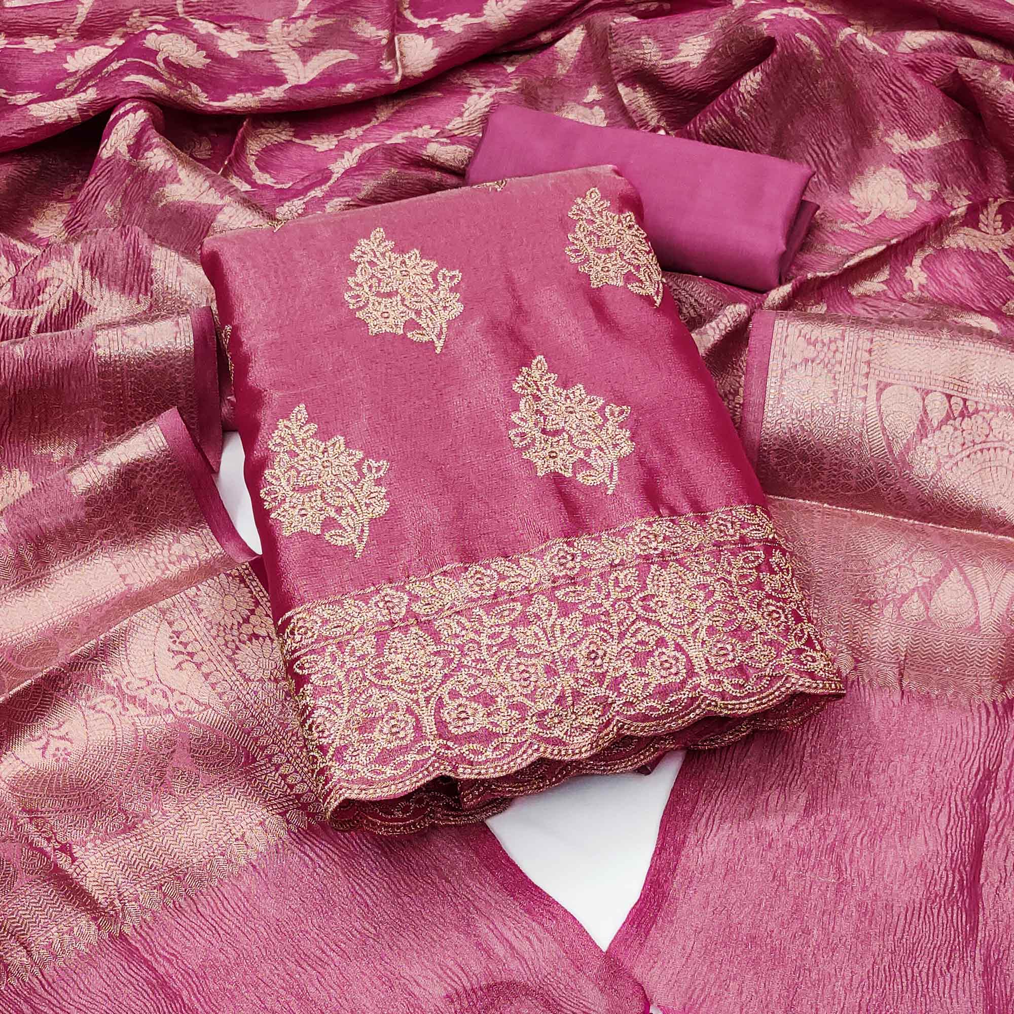 Pink Floral Embroidered Banarasi Silk Shimmer Crush Dress Material