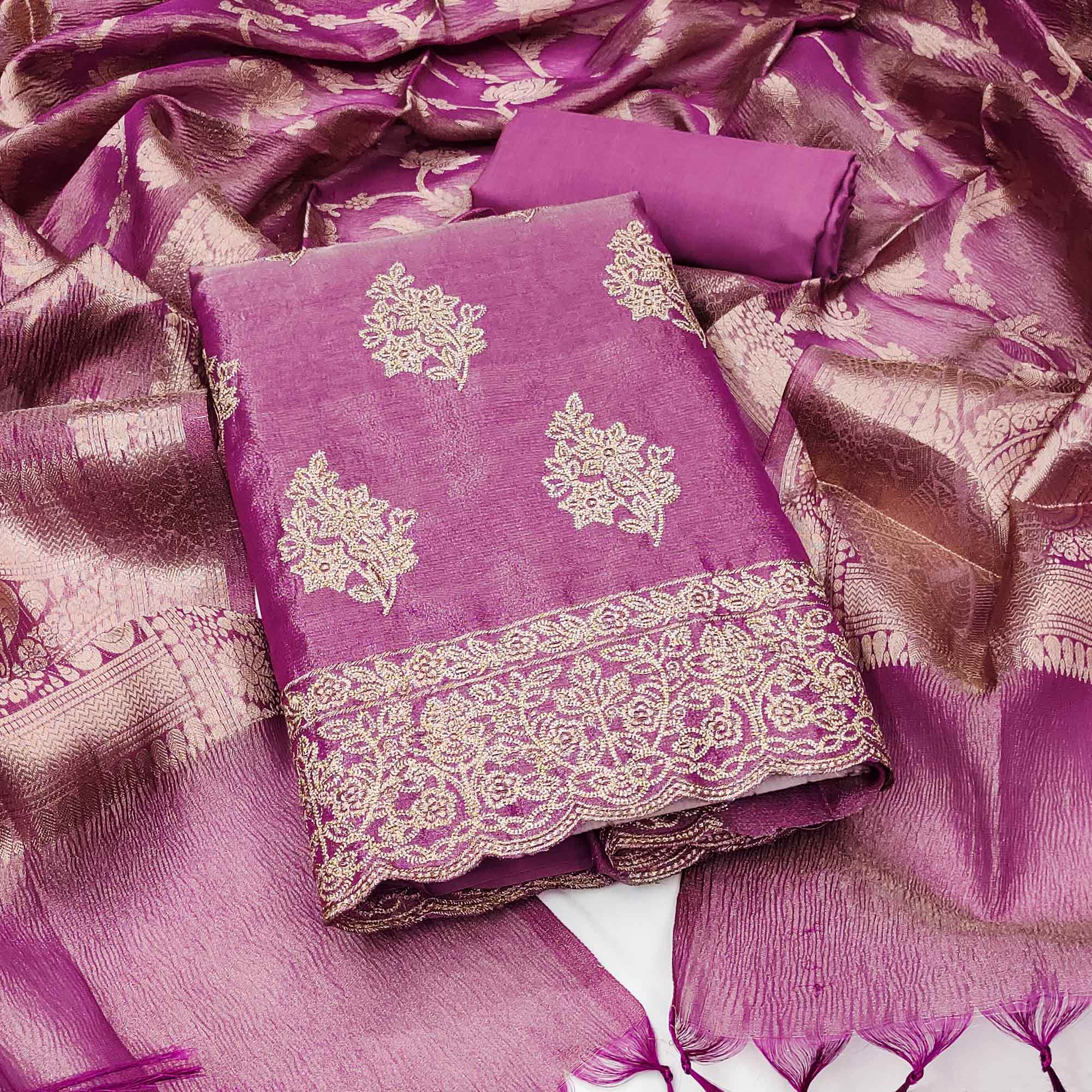 Purple Floral Embroidered Banarasi Silk Shimmer Crush Dress Material