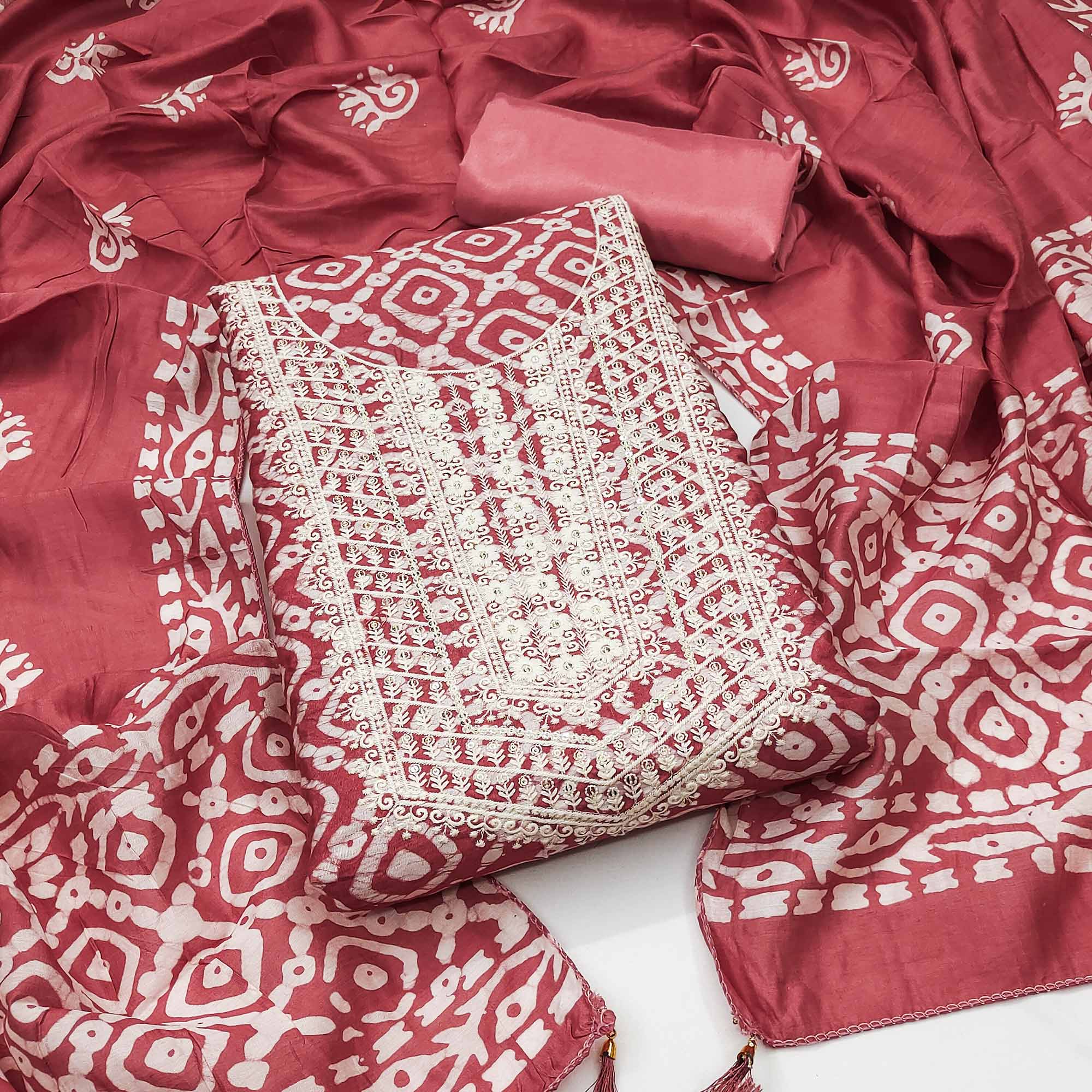 Brick Red Batik Printed With Embroidered Cotton Silk Dress Material