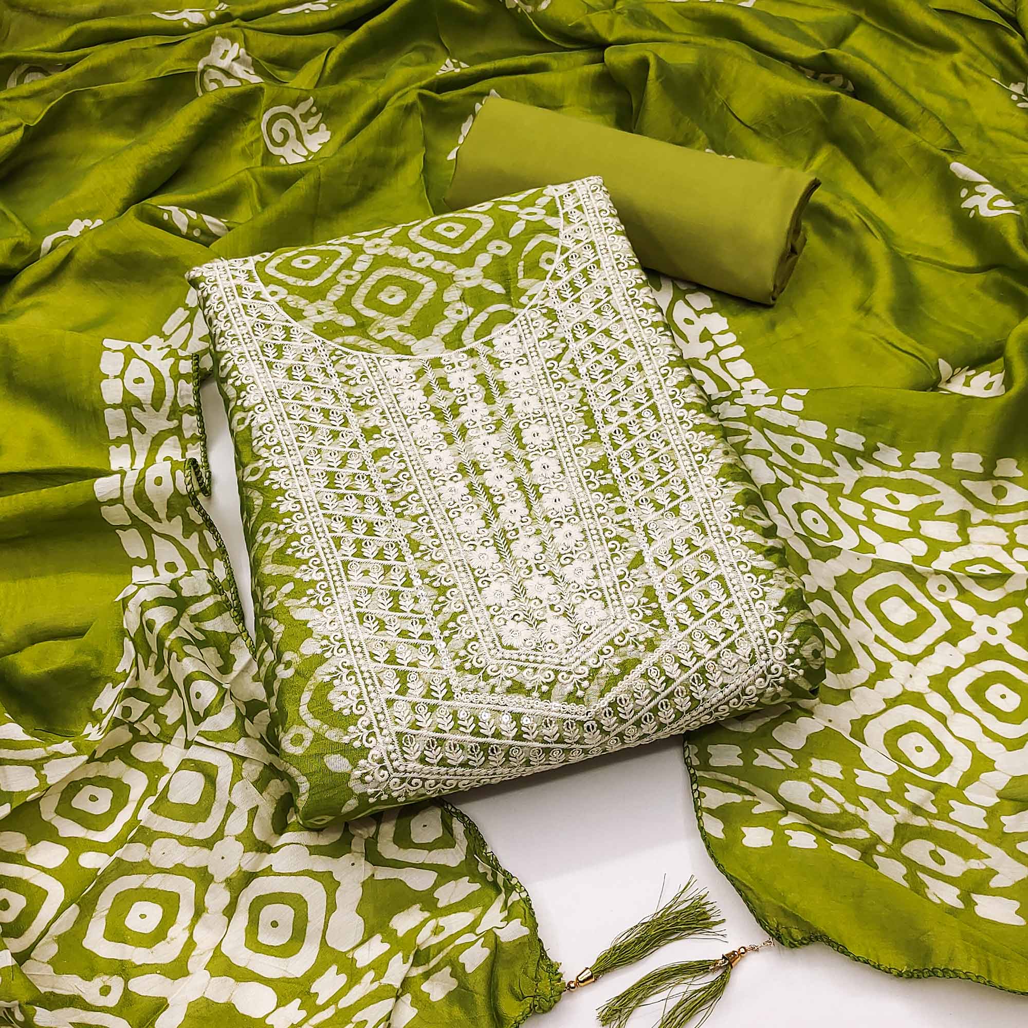 Green Batik Printed With Embroidered Cotton Silk Dress Material