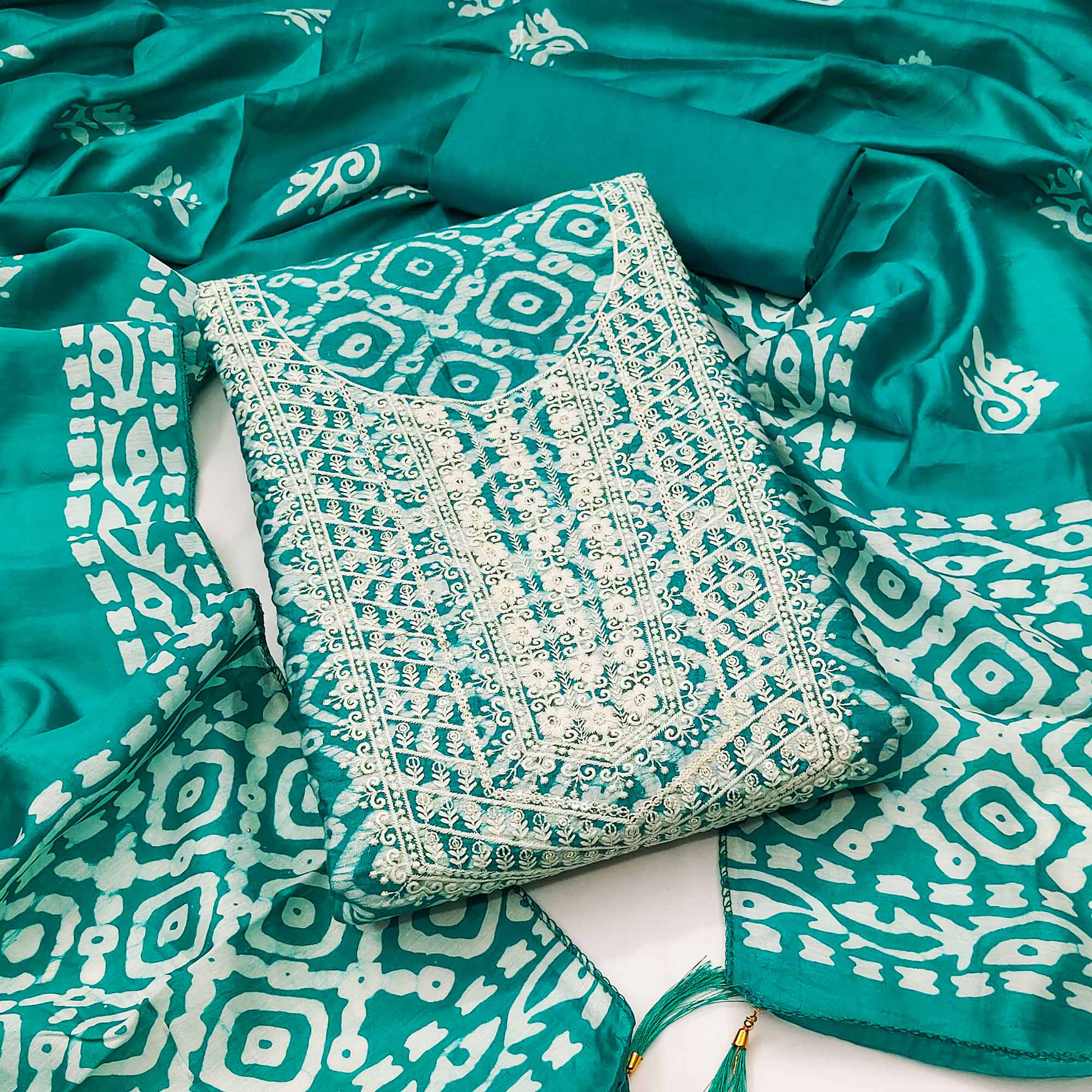 Turquoise Batik Printed With Embroidered Cotton Silk Dress Material