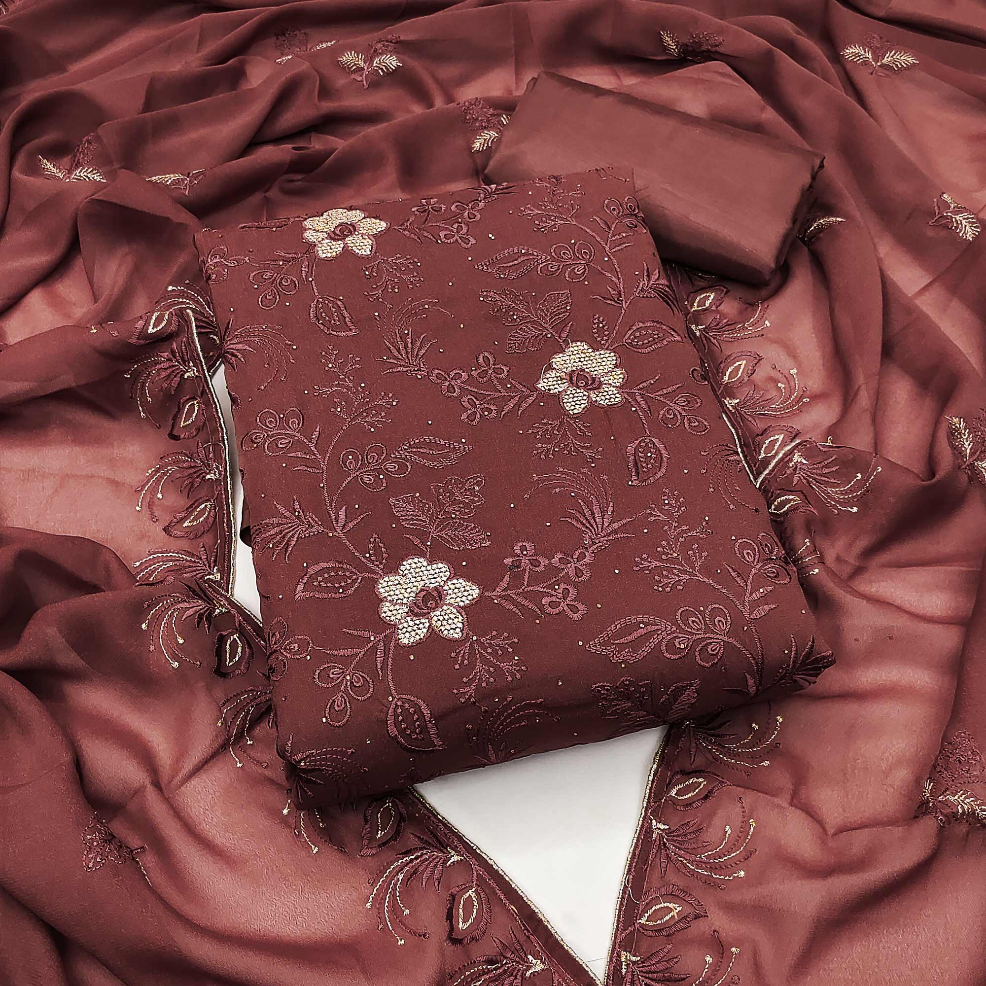 Brown Floral Embroidered With Stonework Georgette Dress Material