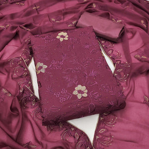 Dark Mauve Floral Embroidered With Stonework Georgette Dress Material