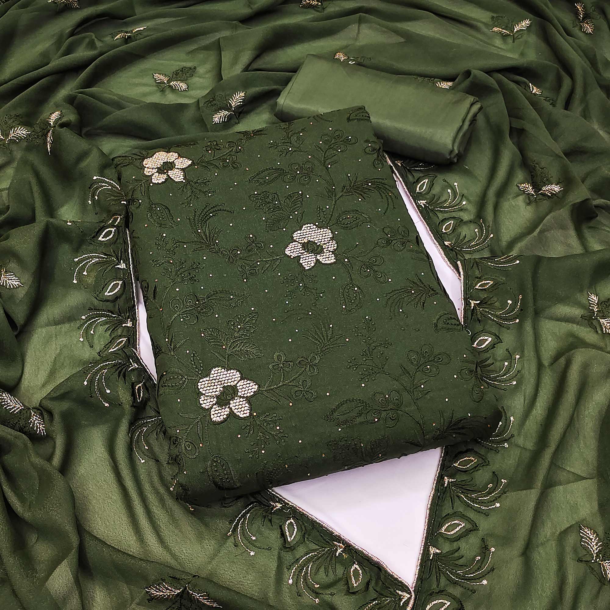 Green Floral Embroidered With Stonework Georgette Dress Material