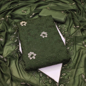 Green Floral Embroidered With Stonework Georgette Dress Material