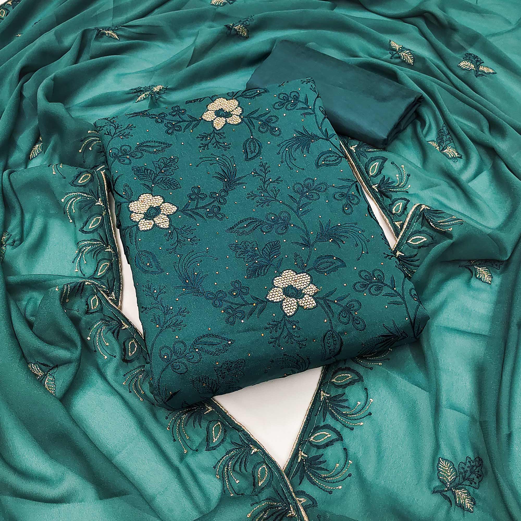 Teal Floral Embroidered With Stonework Georgette Dress Material