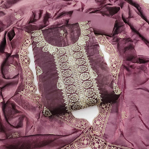 Purple Satin Dress Material Adorned With Elegant Floral Zari Embroidery & Intricate Handwork