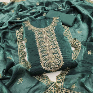 Teal Satin Dress Material Adorned With Elegant Floral Zari Embroidery & Intricate Handwork