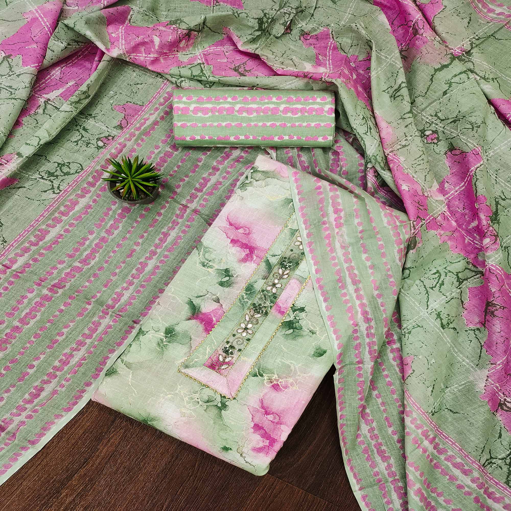 Green Foil Printed Pure Cotton Dress Material