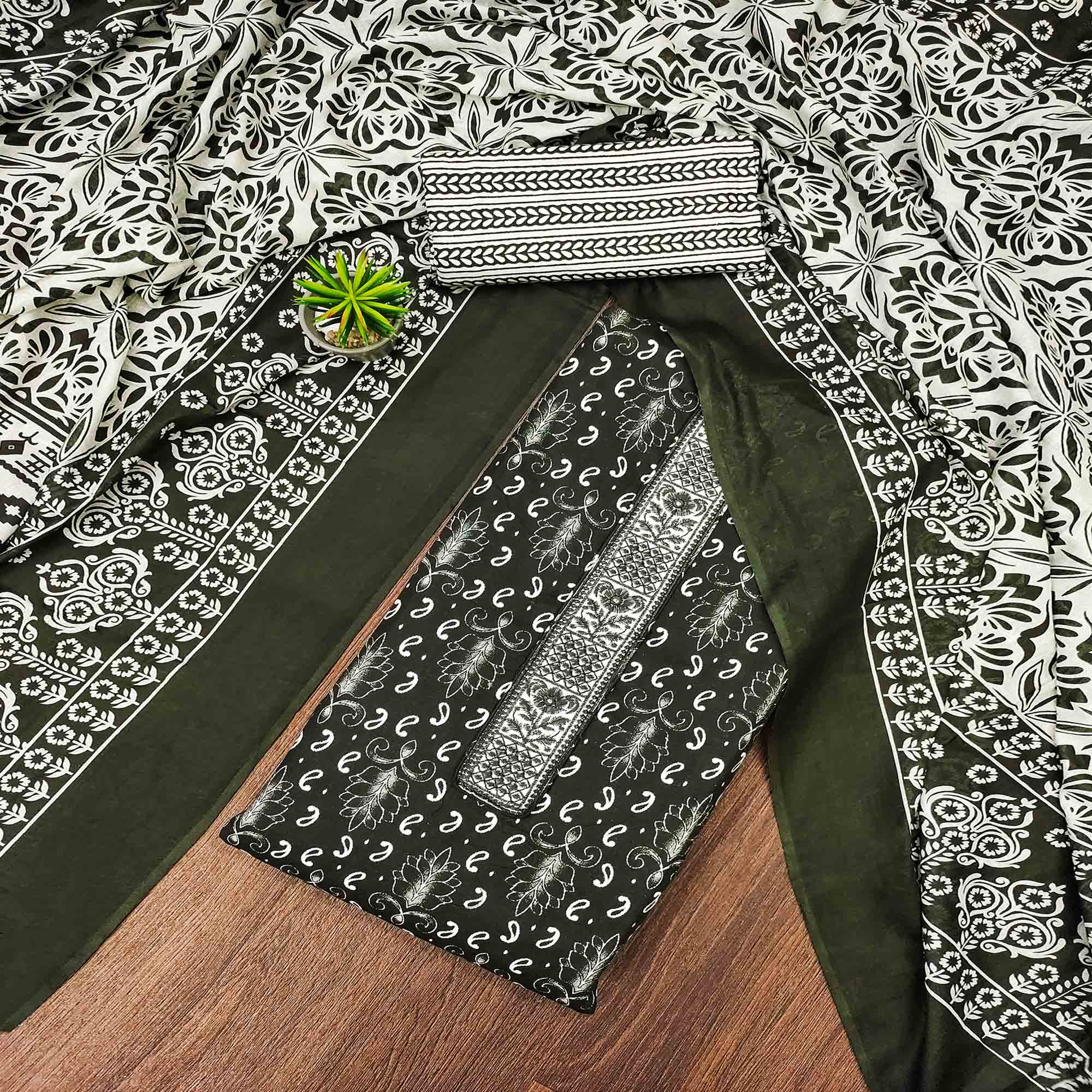 Green Foil Printed Pure Cotton Dress Material