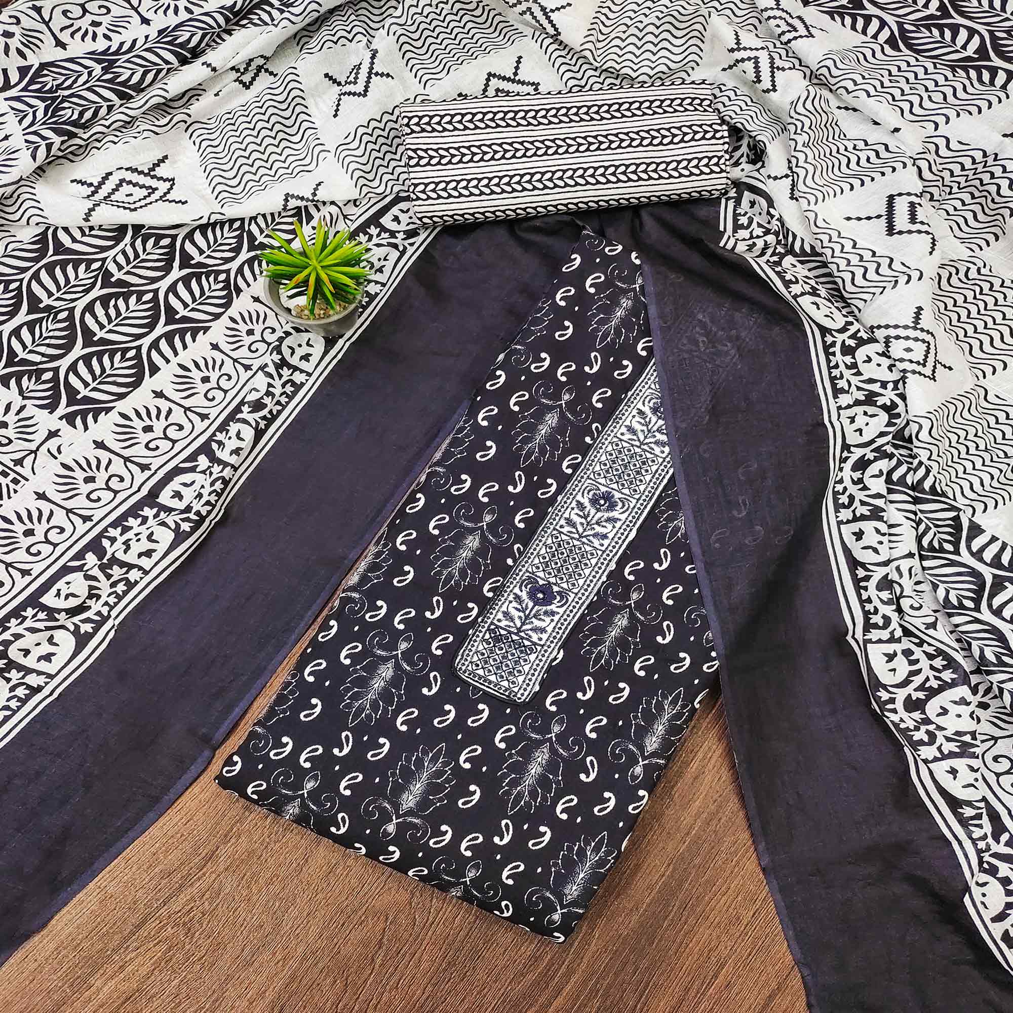 Navy Blue Foil Printed Pure Cotton Dress Material
