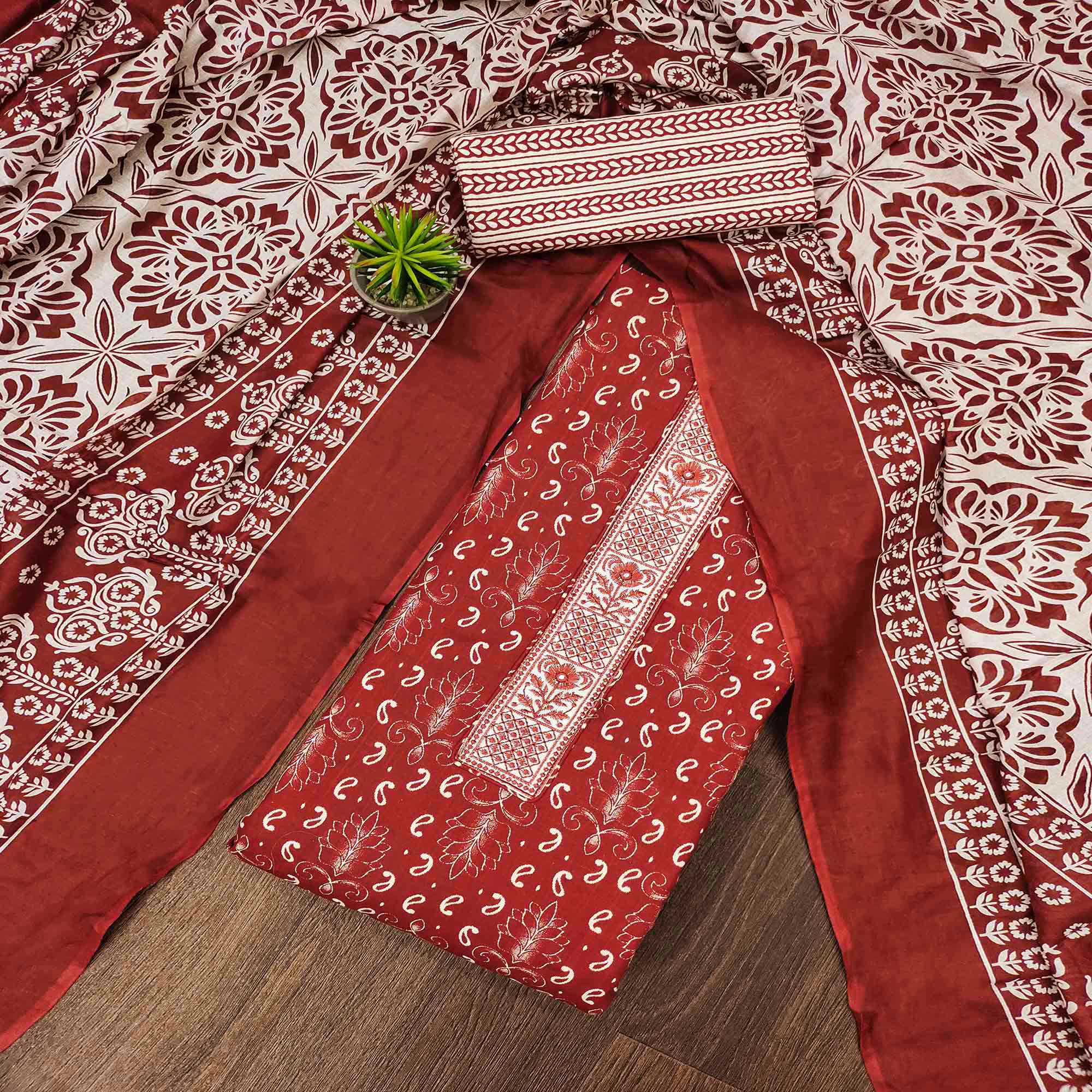 Red Foil Printed Pure Cotton Dress Material